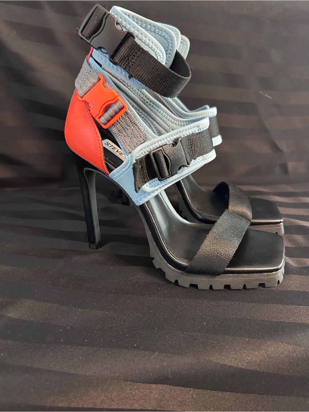 Steve Madden Black Heeled Sandals with Light Blue and Red Accents
